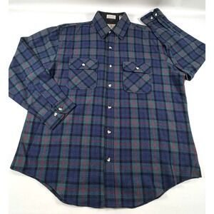 Vintage Squaw‎ Valley Flannel Shirt Mens XL Blue Green Plaid Wool Nylon Korea